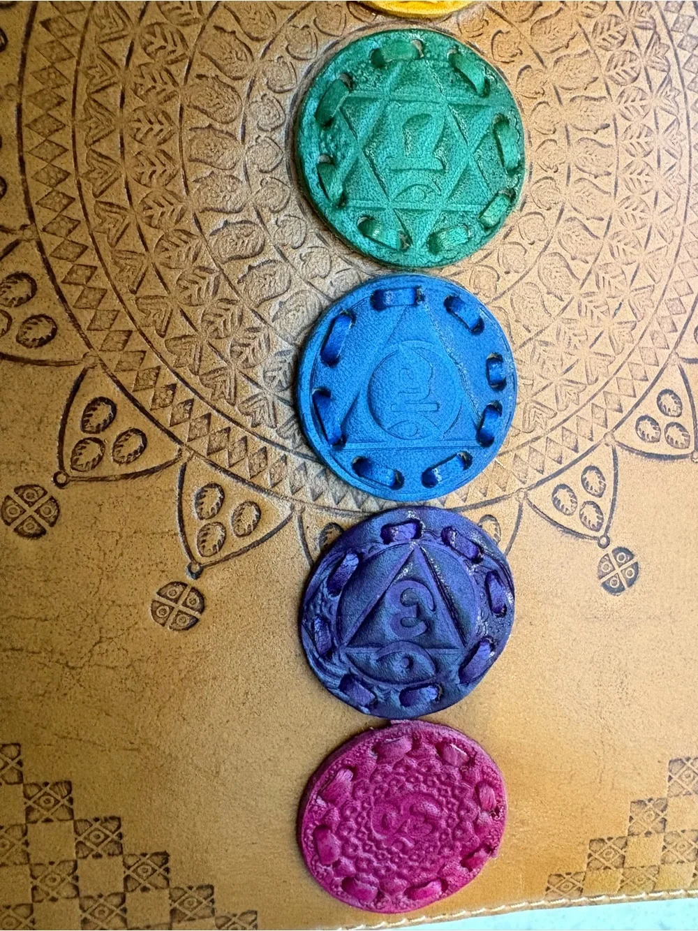 NEW  Chakra Embossed Leather IPad/Tablet Cover - Brown with Multicolor Discs